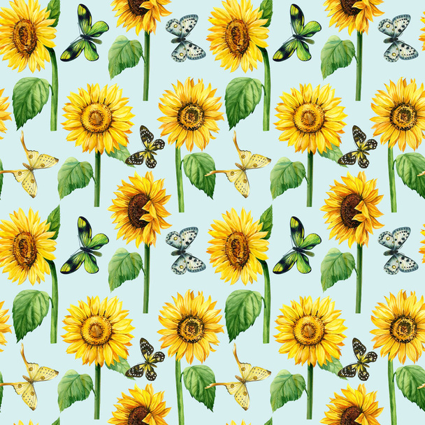 Zonnebloemen en vlinders. Aquarelbloemen. Naadloze patronen. Blauwe achtergrond. Hoge kwaliteit illustratie - Foto, afbeelding