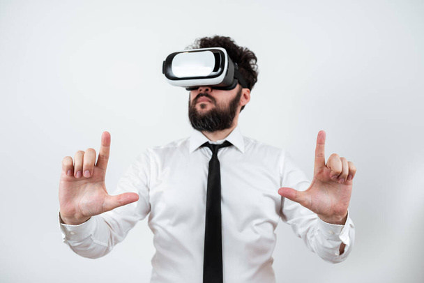 Man Wearing Vr Glasses And Presenting Important Messages Between Hands. - Φωτογραφία, εικόνα