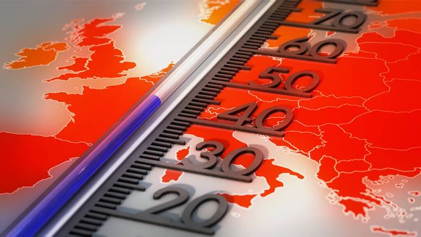 Thermometer on temperature map of Europe - Valokuva, kuva