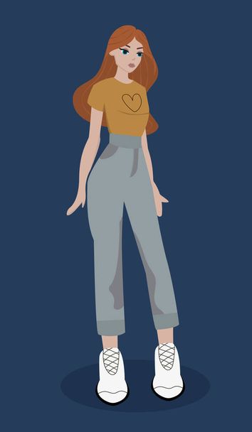 Fashionable student at university or college, trendy schoolgirl at school flat vector illustration doodle cartoon. Modern stylish female teenage character standing. Education, back to school, studying - Vector, Image