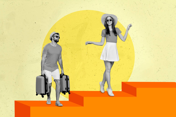 Composite collage illustration of two people black white gamma guy carry all baggage girl enjoy carefree walk isolated on painted background. - Foto, Bild