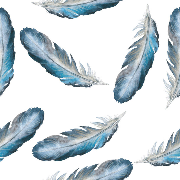 Seamless pattern. Bird feather watercolor illustration.  Manual composition. Design for textile, wallpapers, Element for design, Greeting card.  - Fotó, kép