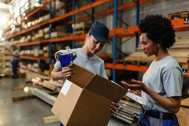 African American woman and her female coworoker examining package before the shipment while working in distribution warehouse.  - Φωτογραφία, εικόνα