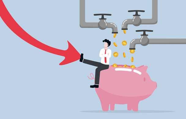 Having multiple sources of income for surviving economic crisis, multiple careers trend concept. Businessman sitting on piggy bank with many coins from pipes and using foot to push falling down arrow. - Vettoriali, immagini