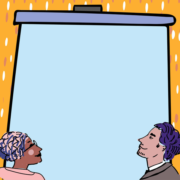 Man en vrouw presenteren belangrijke informatie over de presentatie Board. - Vector, afbeelding