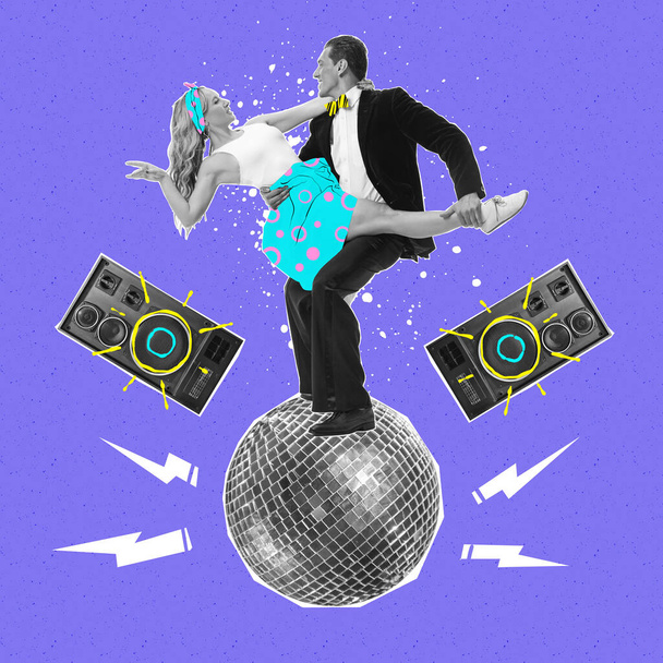 Contemporary artwork. Creative design. Passionate couple dancing tango at disco party isolated on blue background. Concept of creativity, retro style, fun. Magazine style, artwork. Copy space for ad - Foto, imagen