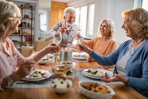 Group of mature people toasting with wine and having fun while gathering on a lunch at home.  - Foto, Imagen