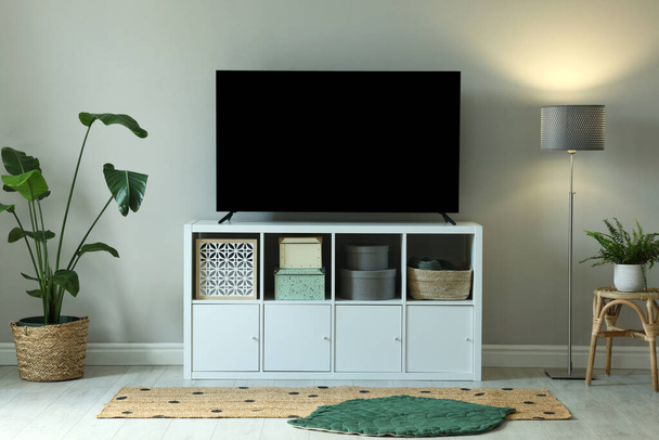 Modern TV on cabinet, lamp and beautiful houseplants near light wall indoors. Interior design - Foto, imagen