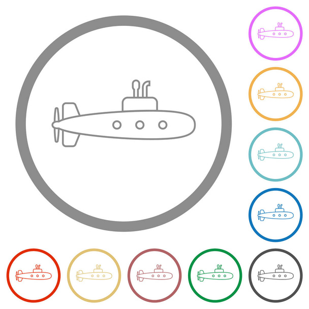 Submarine outline flat color icons in round outlines on white background - Vector, afbeelding