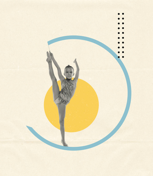 Creative design. Little girl, rhytmic gymnast training, exercising with ribbon. Drawn element. Concept of creativity, action, motion, sport life, competition. Retro style. poster and ad Modern artwork - Photo, Image