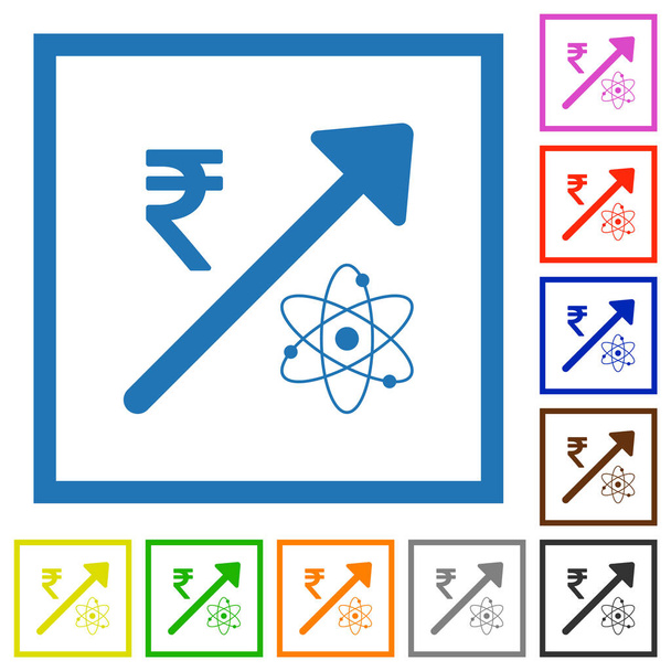 Rising atomic energy Indian Rupee prices flat color icons in square frames on white background - Wektor, obraz