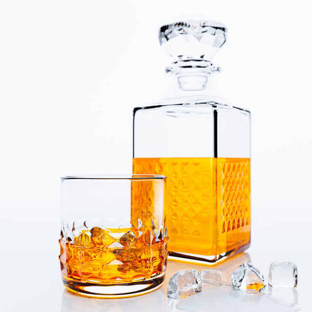 Whiskey or brandy, alcoholic beverages In transparent elegant glass. Alcohol in clear glass placed on shiny table top with water droplets. Alcohol concept in bar or studio Shot. 3D Rendering - Photo, Image