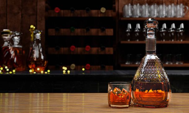 Viski tai brandy, alkoholijuomat läpinäkyvässä tyylikkäässä pullossa. Alkoholi kirkas lasi puulattiapöydällä. Useita viinipulloja hämärtää tausta Baari counter ravintola 3D Renderöinti - Valokuva, kuva