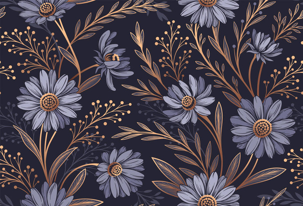 Dark seamless floral pattern. Repeating luxury template with blooming plants, golden branches and leaves. Design element for wallpaper and print on fabric or paper. Elegant vector illustration - Vektor, obrázek