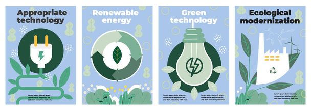 Nature and Renewable Energy. Set of posters with alternative electricity sources, recycling and green technologies. Caring for environment. Cartoon flat vector collection isolated on white background - Vector, Image