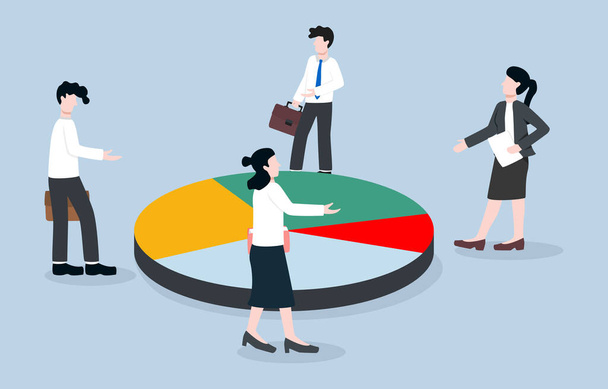 Negotiating business interests, share from joint investment, discussion about corporate partners concept. Investors discussing about market share pie chart.  - Vector, Imagen