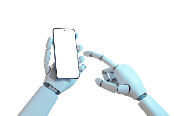 Roboterhände mit einem Mobiltelefon mit leerem Bildschirm. 3D-Illustration. - Foto, Bild