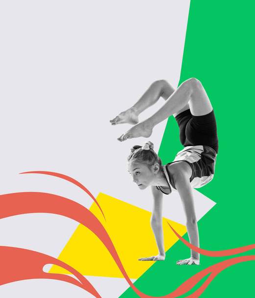 Kids in sport. Contemporary art collage with flexible beautiful little girl, gymnastics artist doing stretching exercises isolated on colorful abstract background. Grace in motion, action. Modern - Zdjęcie, obraz