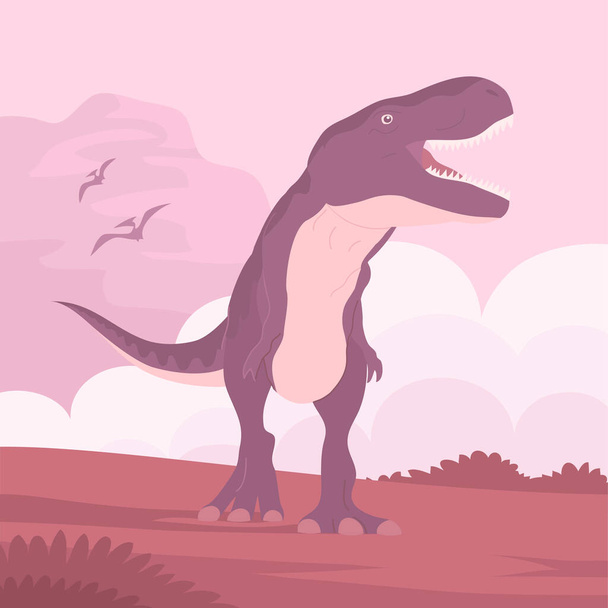 Predatory dinosaur tyrannosaurus rex of the Jurassic period. Carnivorous large lizard. Prehistoric strong hunter. Wild landscape. Cartoon vector illustration - Vector, imagen