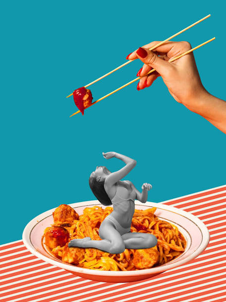 Contemporary art collage. Creative design. Tender woman sitting in plate with delicious pasta and eating meatball with chopsticks. Concept of creativity, pop art, food, surrealism. Copy space for ad - Foto, imagen