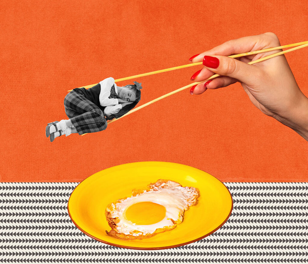 Contemporary art collage. Creative design with female hands holding sleeping teen girl with chopsticks over fried eggs. Morning, breakfast. Concept of creativity, pop art, food. Copy space for ad - Foto, imagen