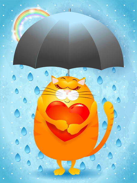 Lindo gatito enamorado de paraguas, lluvia y arco iris. Ilustración vectorial eps10 - Vector, imagen