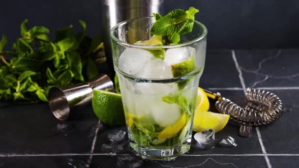 Lavazza mojito mocktail. Strong black espresso coffee cold drink with mojito cocktail, lime, lemon, mint leaves - Metraje, vídeo