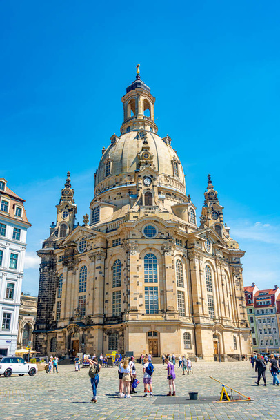 Church of Our Lady at Neumarkt square in downtown of Dresden in summer sunny day and blue sky with many tourists, Germany - Photo, image