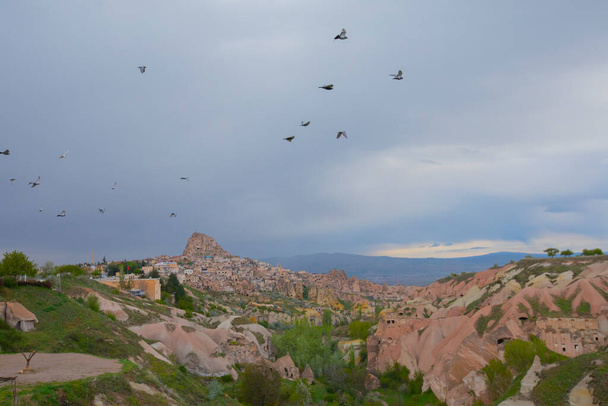  Un piccione siede su un cartello sopra la valle del piccione a Uchisar, nella regione della Cappadocia in Turchia, in una giornata primaverile. - Foto, immagini