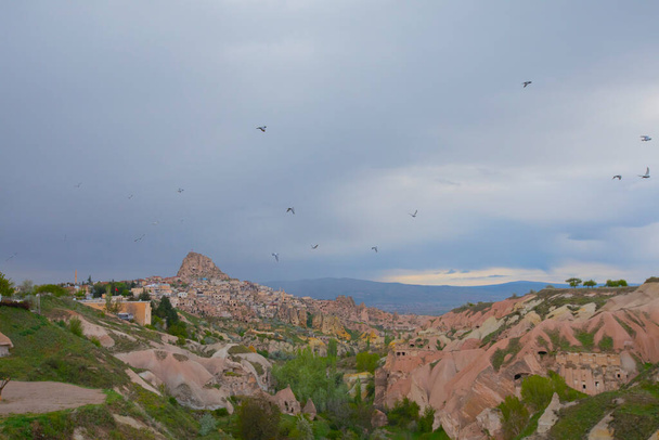  Голуб сидить на стовпчику над долиною Голуба в Учисарі, в регіоні Каппадокія, Туреччина, у весняний день.. - Фото, зображення