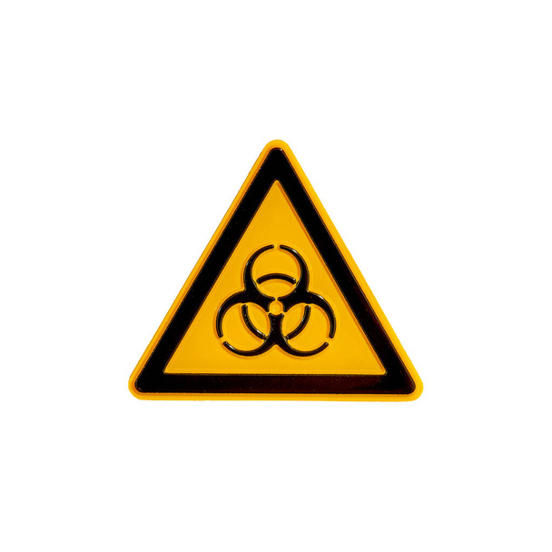 Door sign of biohazard, dangerous contamination as viral, bacterial or fungi, details, closeup, isolated at white background - 写真・画像