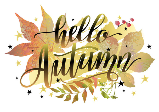 Hello Autumn banner or background with colorful leaves, berries and lettering inscription. Vector illustration. - Vetor, Imagem