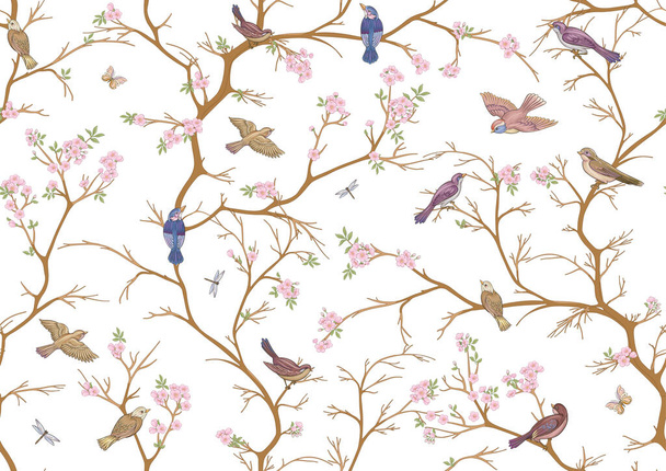 Cherry blossom tree, sakura. With sparrow, finches butterflies and dragonflies. Seamless pattern, background. Vector illustration. Chinoiserie, traditional oriental botanical motif. - ベクター画像
