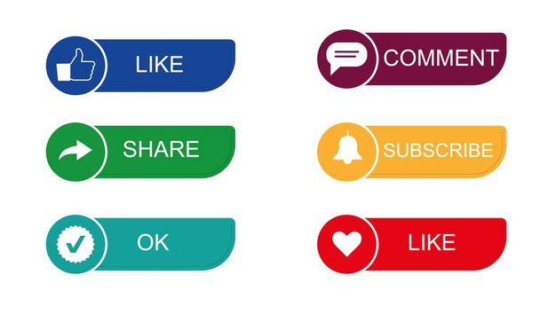 Icon set for channel and social networks. Like, Comment, Share, and Subscribe Button. Collection of subscription buttons in icon shape for channel, blog, social media. Vector illustration. - Wektor, obraz