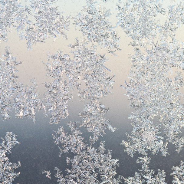 frost patterns on window glass at winter sunrise - Photo, Image