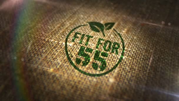 Fit for 55 sign stamp on natural linen sack. European Green Deal and reduce the greenhouse gas emissions 3D rendered design abstract concept. Looped and seamless animation. - Séquence, vidéo