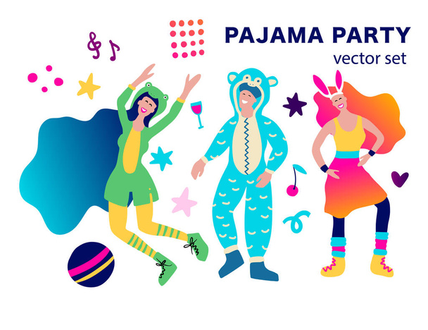 80s style funky girl and puppy dog home pajama party clip art vector collection - Vektor, Bild