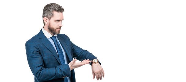 Watch is a new style. Senior manager point finger at wrist watch. Time management. Man face portrait, banner with copy space - Fotografie, Obrázek