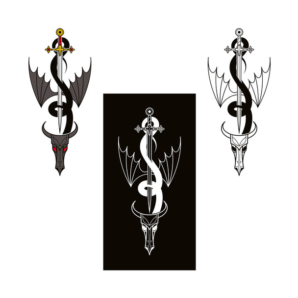 Sárkány piercing egy kard - vintage dekoratív szimbólum, embléma, tetoválás. Színes, fekete-fehér. - Vektor, kép