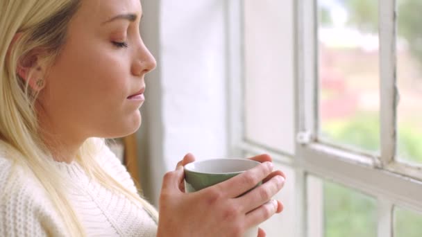 Sad woman drinking tea while looking out the window. Nostalgic female standing by the windowsill holding a cup of coffee and thinking of memories. Lady having a warm cozy beverage to cope with grief. - Filmati, video