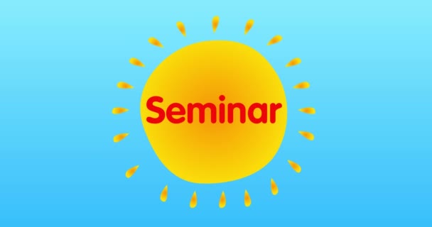 Seminar text in the center of a yellow hot summer sun on blue sky. Simple animation of a bright orange sunlight. - 映像、動画