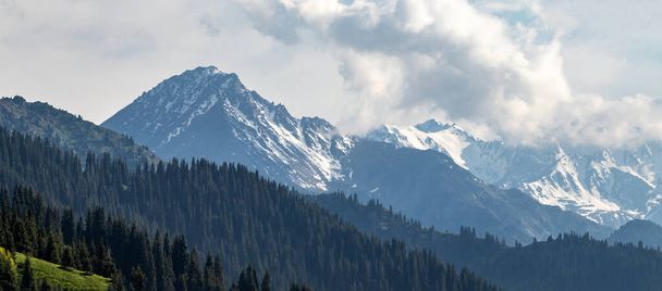 Summer landscape with snow-capped mountain peaks. Central Asian travel background. - 写真・画像