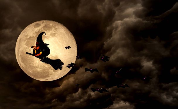 3d fiesta de fiesta de calabaza de Halloween con luna llena, murciélagos voladores, asustado Jack O Linterna y luz de vela en calabaza, sombrero apuntado bruja, escoba bajo la luz de la luna para feliz halloween, 3d render - Foto, Imagen