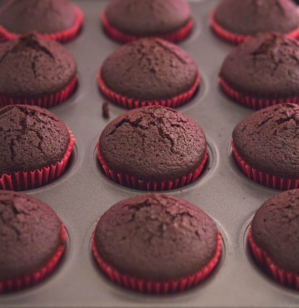 Vain paistettu tuoretta suklaata cupcakes uunissa tarjotin
 - Valokuva, kuva