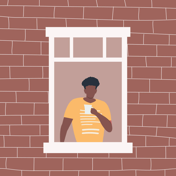 Young black man is drinking coffee by the open window. View from the street side. Vector illustration - Vettoriali, immagini