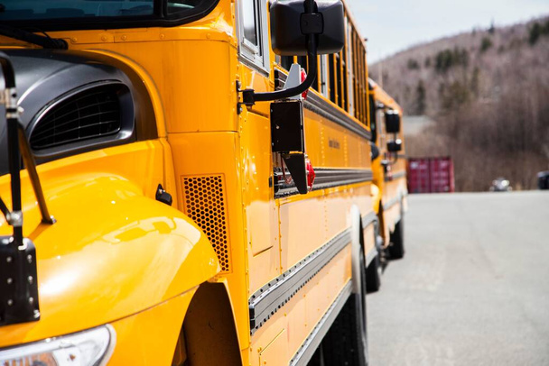 A closeup of a School Bus parked on the road under the sunlight - Photo, image