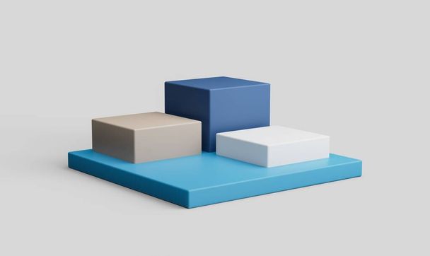 A 3D rendering of the Three Steps Cube Podium. White Platform Or Backdrop With Empty Space For Display. Web Pages Template For Products. - Foto, imagen