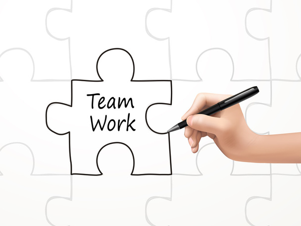 teamwork word and puzzle drawn by human hand - Vector, Image