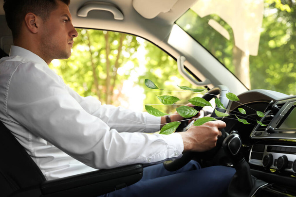 Man driving car feeling tea leaves scent from ventilation, closeup. Air freshener - Foto, Imagen