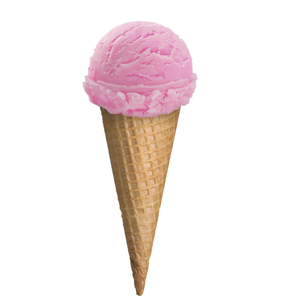 Strawberry ice cream scoop in a waffle cone with clipping path. - Foto, Imagem